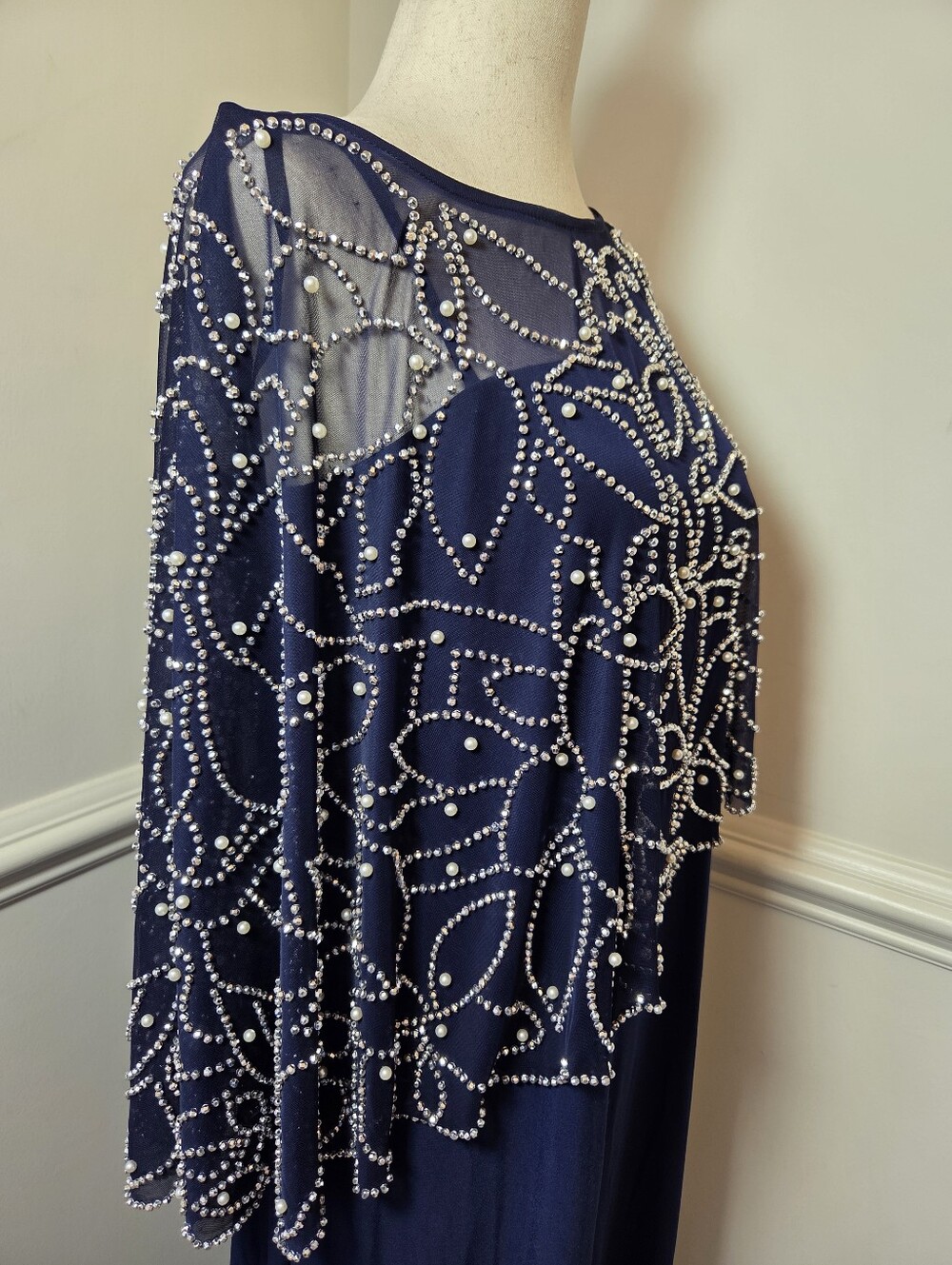 MSK Navy Embellished Cape Formal Gown Rhinestone Pearl Maxi Dress M - Picture 7 of 13